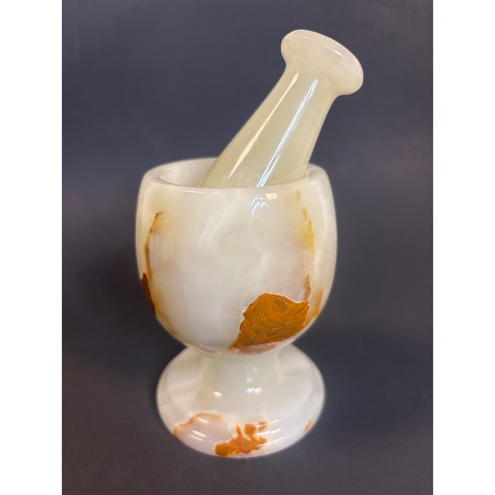 Vintage Banded Onyx Mortar and Pestle Set Natural Stone White Brown Pedestal